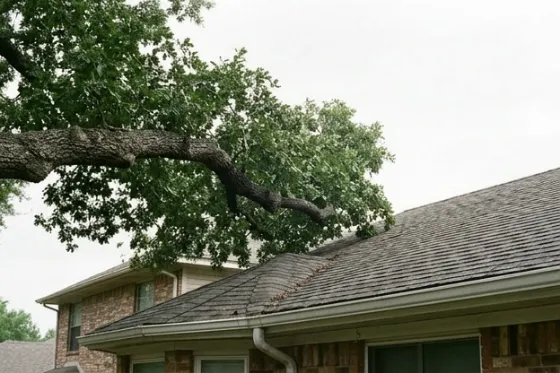 A tree branch hanging low over the edge of a shingle roof, circled