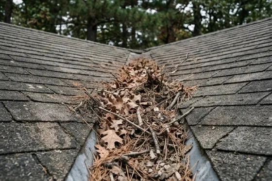 A roof valley packed with dead leaves, pine needles and twigs
