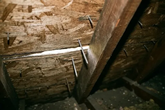 Roofing nails backed out of the sheathing, daylight showing through the gap