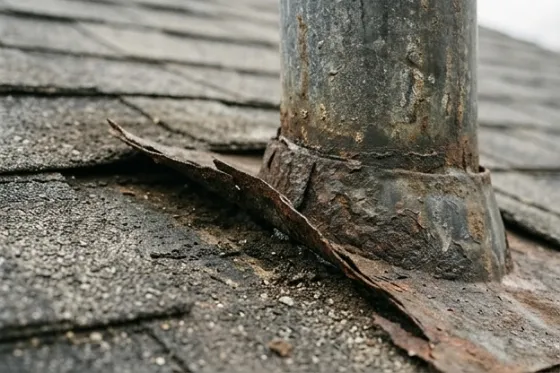 Corroded flashing lifted away from the shingles at a vent pipe