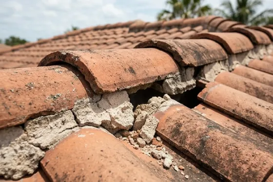 Ridge cap tiles with the mortar bedding cracked and crumbled away