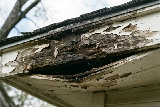 A rotted fascia board with the soffit separating beneath it