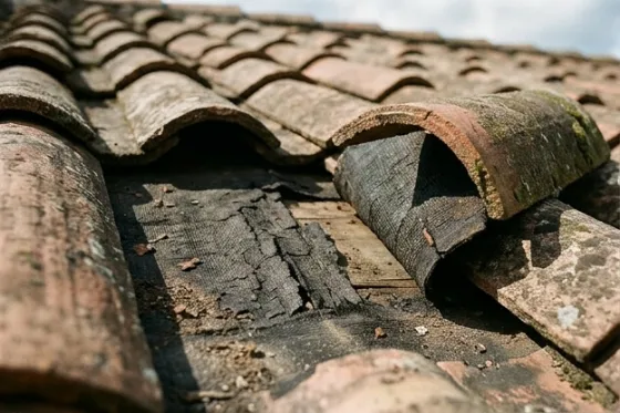 Cracked brittle underlayment exposed beneath a lifted roof tile