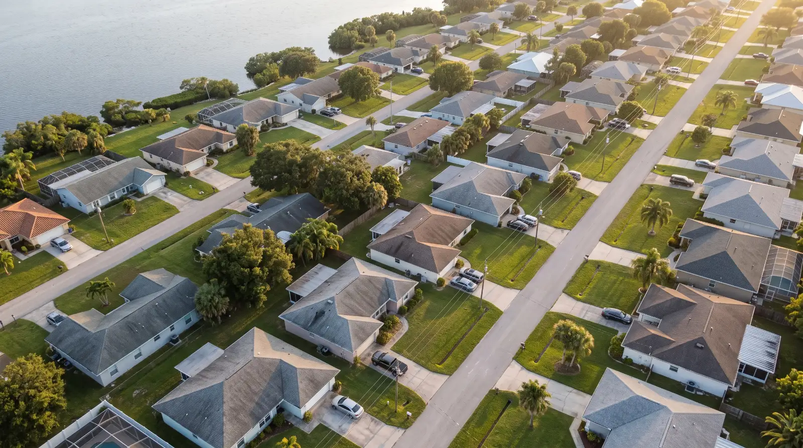 An ordinary Brevard County neighborhood of single story homes in late afternoon light, the Indian River Lagoon beyond