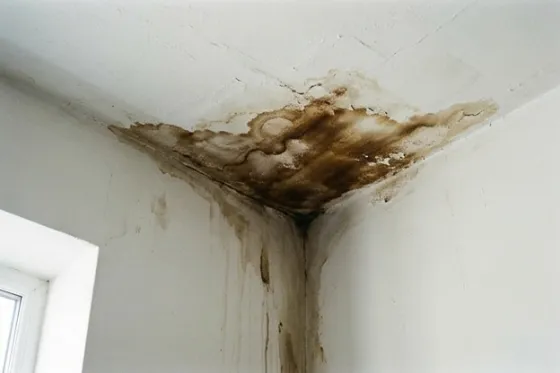 A brown water stain spreading across an interior ceiling corner