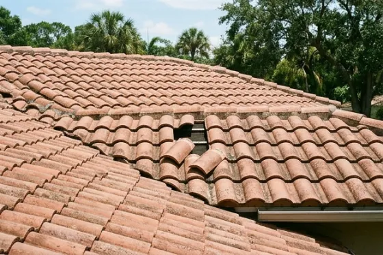 Two barrel tiles slipped out of alignment, leaving a gap in the course