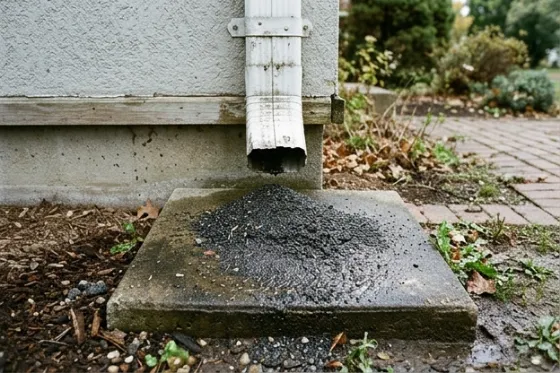 Asphalt shingle granules collected at the base of a downspout