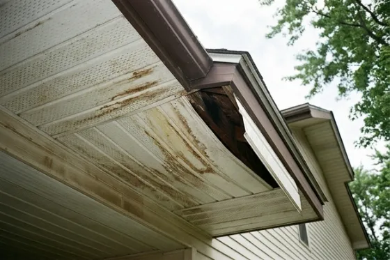 A house soffit with brown water staining and a panel sagging open