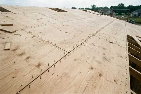 Rows of nails driven along the joints of bare plywood roof decking