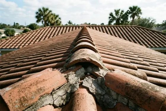 A ridge line of barrel cap tiles with the mortar bedding cracked and one cap loose